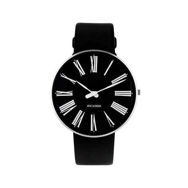 Arne Jacobsen Schwarze r mische Uhr 40 mit schwarzem Lederband